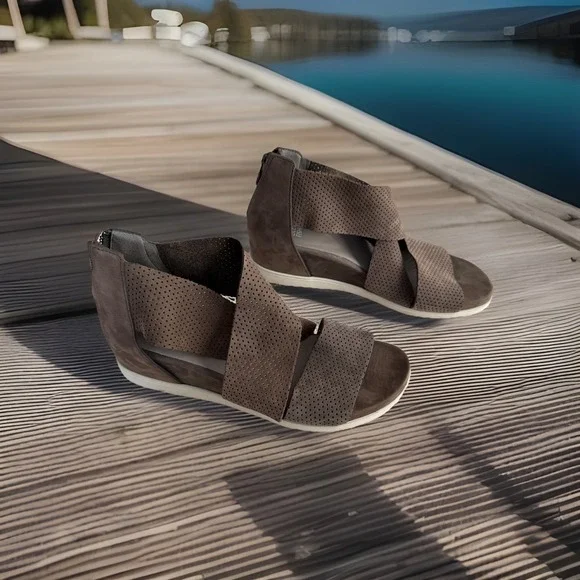 Eileen Fisher Taupe Gray Strap Platform Sandal Shoe Women's 8 Suede Perforated - Picture 8 of 10